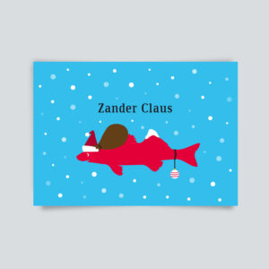 Blaue Postkarte mit rotem Zander mit Nikolausmütze. Darauf steht Zander Claus