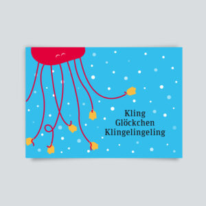 Blaue Postkarte mit roter Krake. An jeder tentakel hängt ein glöckchen. Darauf steht kling glöckchen