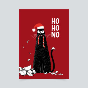 Freche Weihnachtskarte auf rotem Grund mit schwarzer Katze in Weihnachtsmütze, zerfetztem Papier und dem Spruch „Ho Ho No“.