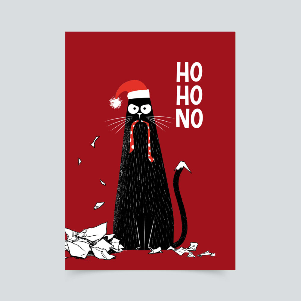 Freche Weihnachtskarte auf rotem Grund mit schwarzer Katze in Weihnachtsmütze, zerfetztem Papier und dem Spruch „Ho Ho No“.