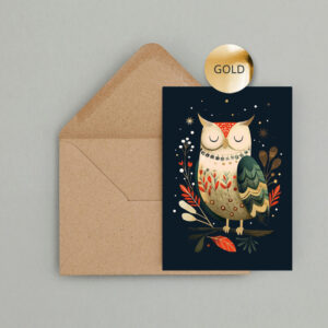 Weihnachtskarte mit liebevoll illustrierter Eule in Creme, Grün und Rot vor dunkelblauem Hintergrund. Florale Elemente und goldene Details geben dem Motiv eine festliche, edle Optik.